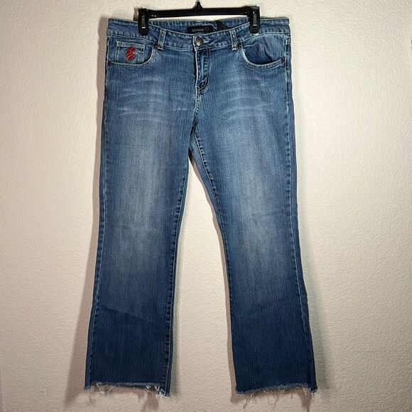Rocawear Blue Denim Mid Rise‎ Fringe Hem Boot Cut Jeans Women's Size 17 - Picture 1 of 10